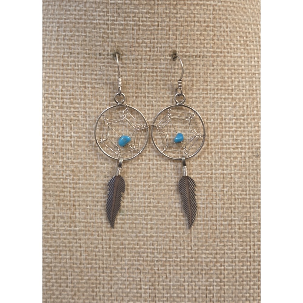 Vintage Sterling Silver‎ Native American Dream Catcher & Feather Dangle Earrings